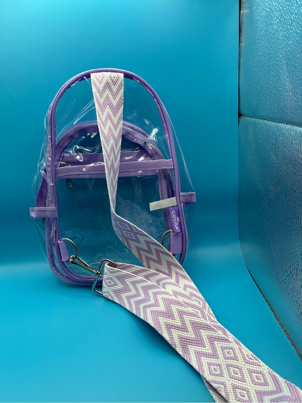 Clear Lavender Mini Backpack with Patterned Strap - Picture 2 of 7